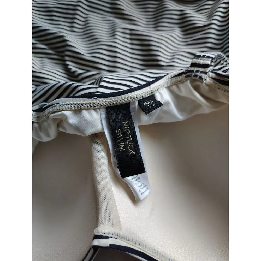 Nip Tuck Swim One Piece Swimsuit US 10 Black White Stripe Ruched Tummy Control